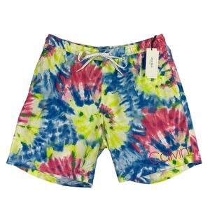 Calvin Klein Mens Logo 7" Tie-Dye Mesh Lined Swim Trunks Blue Yellow XL